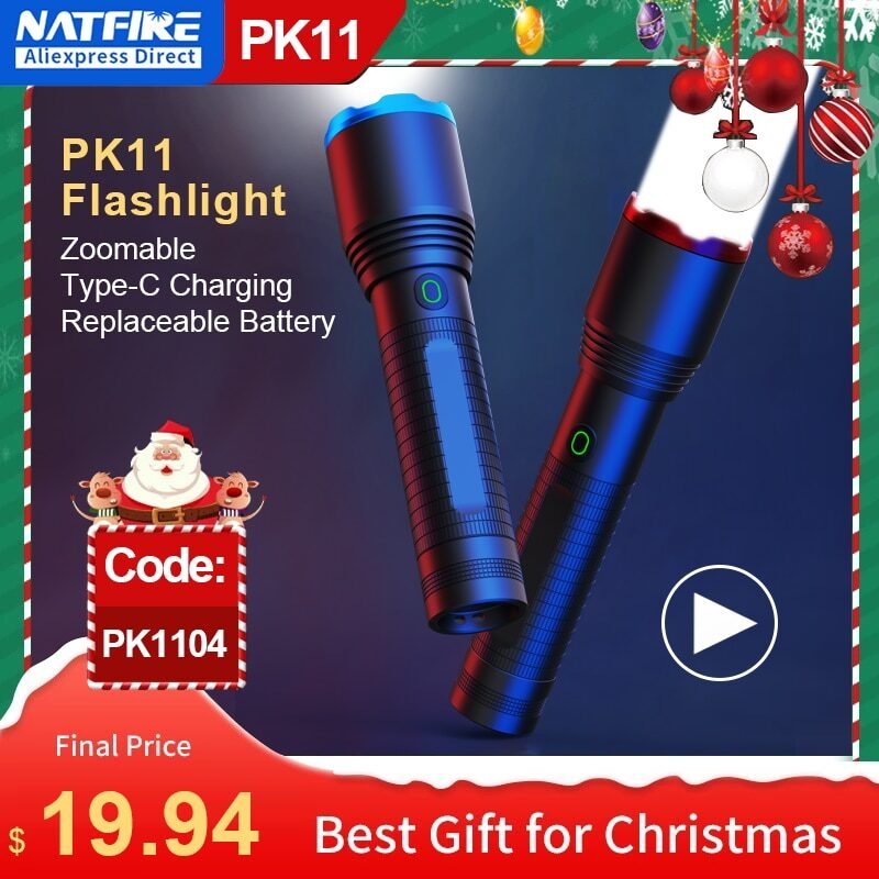 NATFIRE PK11 USB Flashlight Zoomable 21700 18650 Type C Rechargeable Lamp Bright Leds Torch 5050 LED