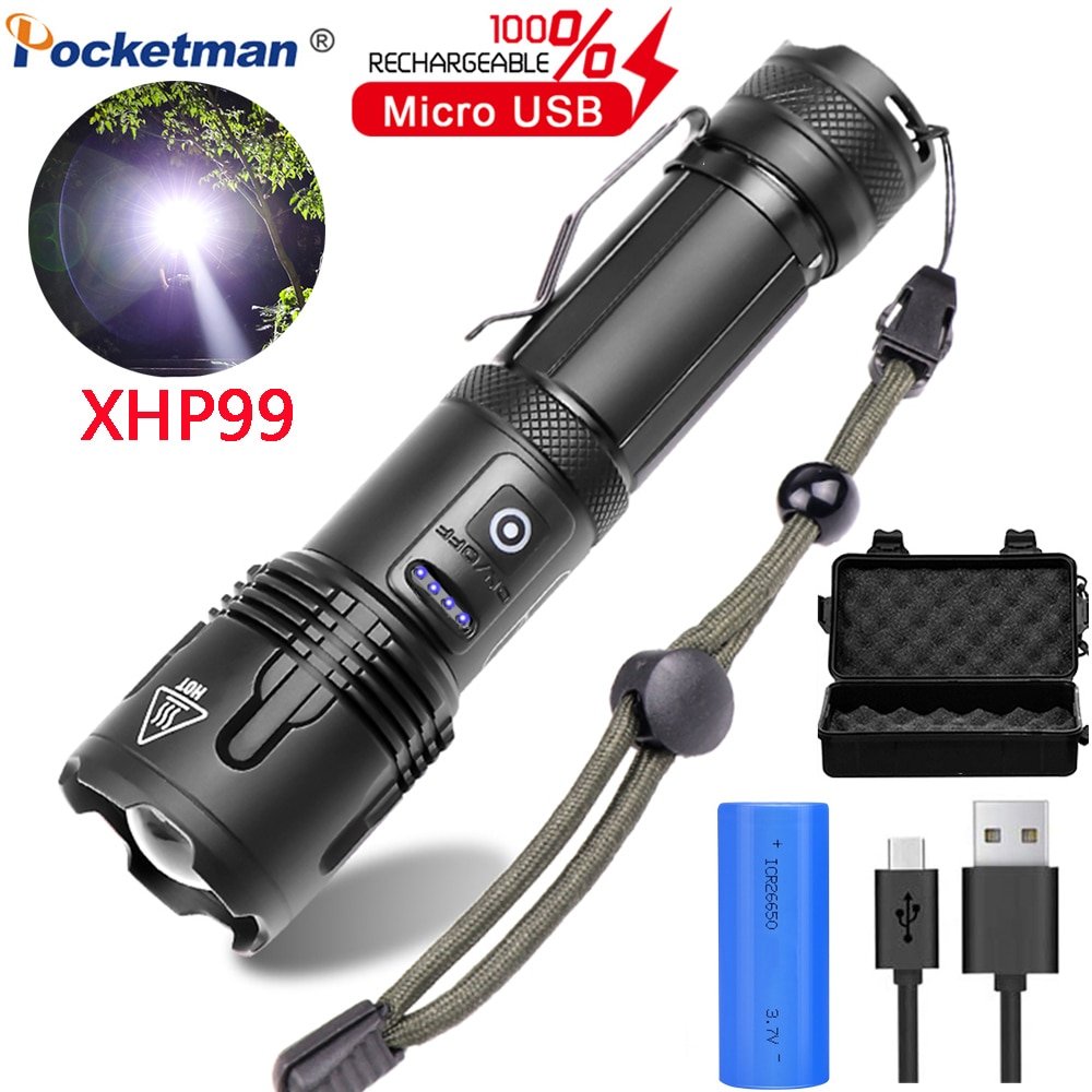 Powerful XHP99 LED Flashlight Aluminium Alloy XHP70 LED Flashlight 18650 26650 Rechargeable Flashlights Waterproof Torch