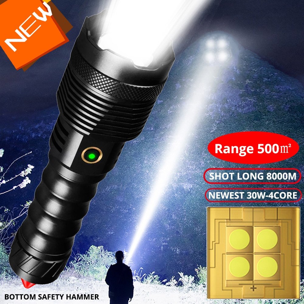 8000 Meter High Power LED Flashlight 5200mah Battery 120W White Light Type C Rechargeable 10000000LM Tactical