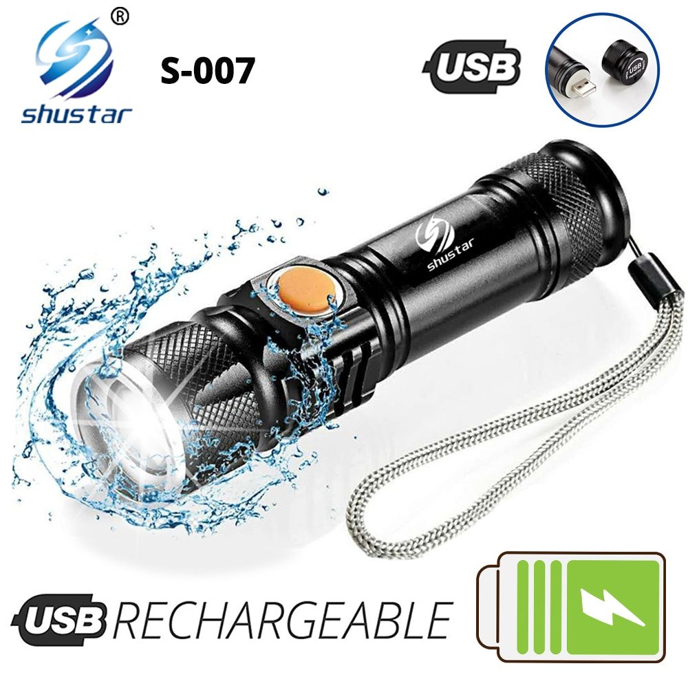 Powerful LED Flashlight With Tail USB Charging Head Zoomable waterproof Torch Portable light 3 Lighting modes
