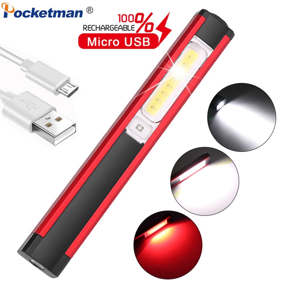 Powerful Work Light COB LED Flashlight Magnetic Work Lamp USB Rechargeable Torch Inspection Light with Red